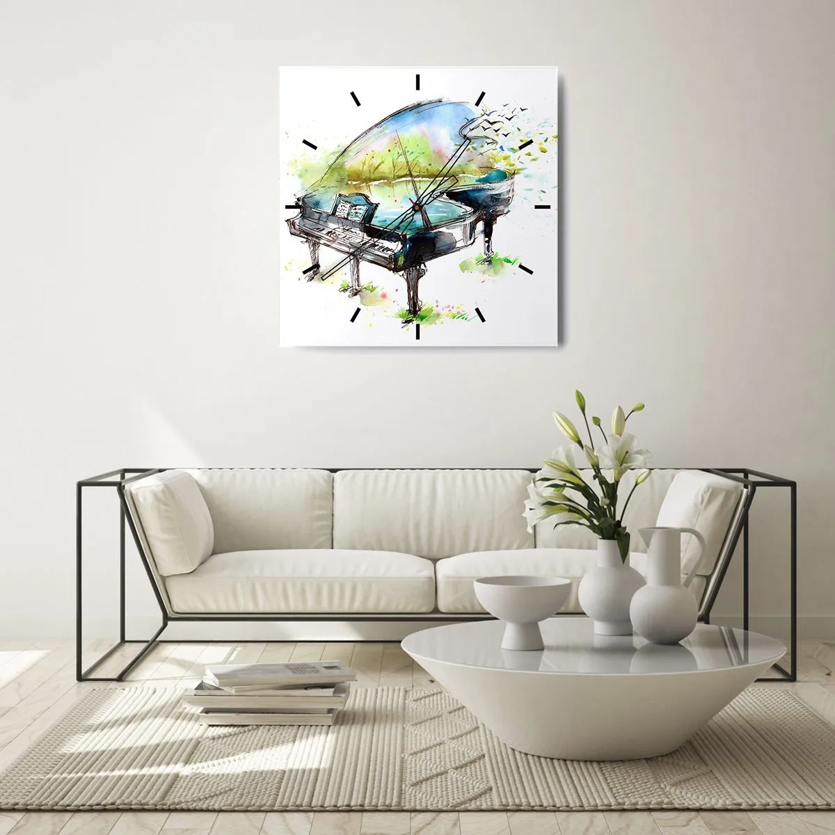 Reloj de pared - Reloj de vidrio - Pintura artística de acuarela de un piano con la naturaleza al fondo. - 30x30cm - Encantado con la música - Decoración de pared moderna para salón y dormitorio ARTTOR