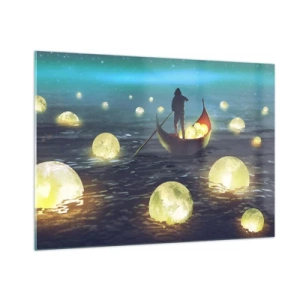 Cuadro sobre vidrio - Impresiones sobre Vidrio - Un barco con linternas en el agua en un paisaje surrealista. - 100x70cm - Cosas que los filósofos nunca soñaron - Decoración de pared moderna para salón y dormitorio ARTTOR