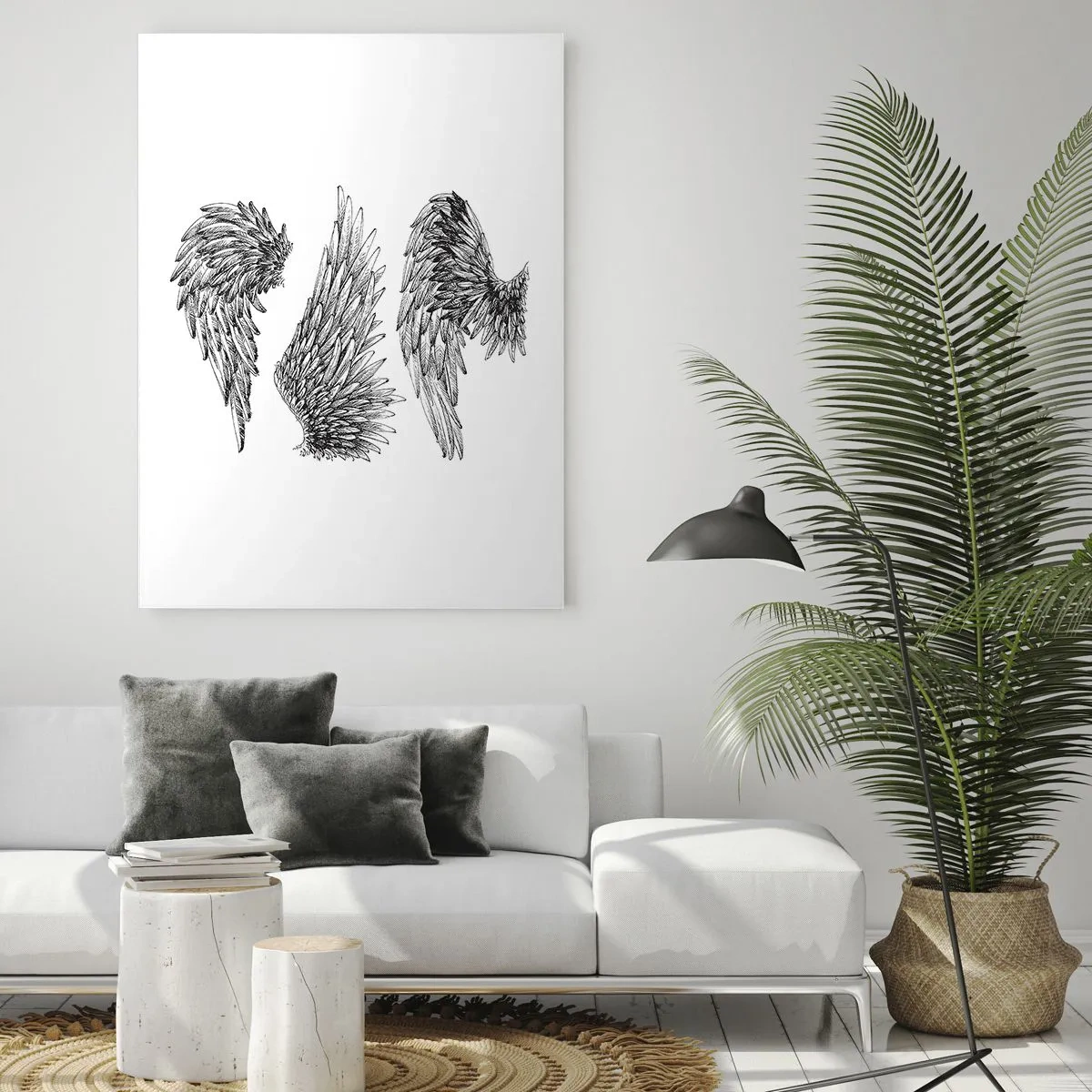Cuadro sobre vidrio - Impresiones sobre Vidrio - Tres bocetos en blanco y negro de alas en estilo minimalista. - 80x120cm - Y puedes convertirte en un ángel - Decoración de pared moderna para salón y dormitorio ARTTOR