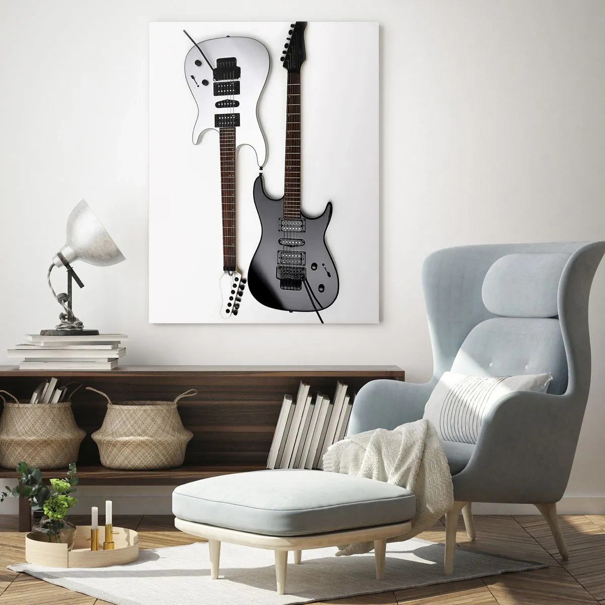 Cuadro sobre vidrio - Impresiones sobre Vidrio - Dos guitarras eléctricas en blanco y negro sobre fondo claro. - 80x120cm - Armonía de formas - Decoración de pared moderna para salón y dormitorio ARTTOR