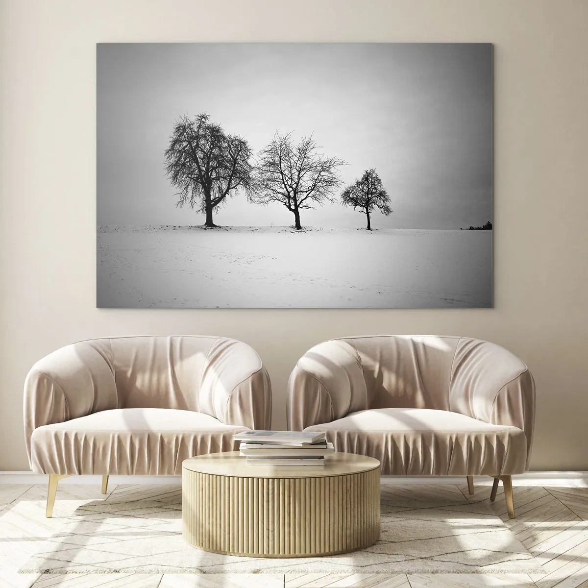 Cuadro sobre vidrio - Impresiones sobre Vidrio - Tres árboles solitarios en una zona cubierta de nieve. - 70x50cm - ¿Con qué sueñan? - Decoración de pared moderna para salón y dormitorio ARTTOR