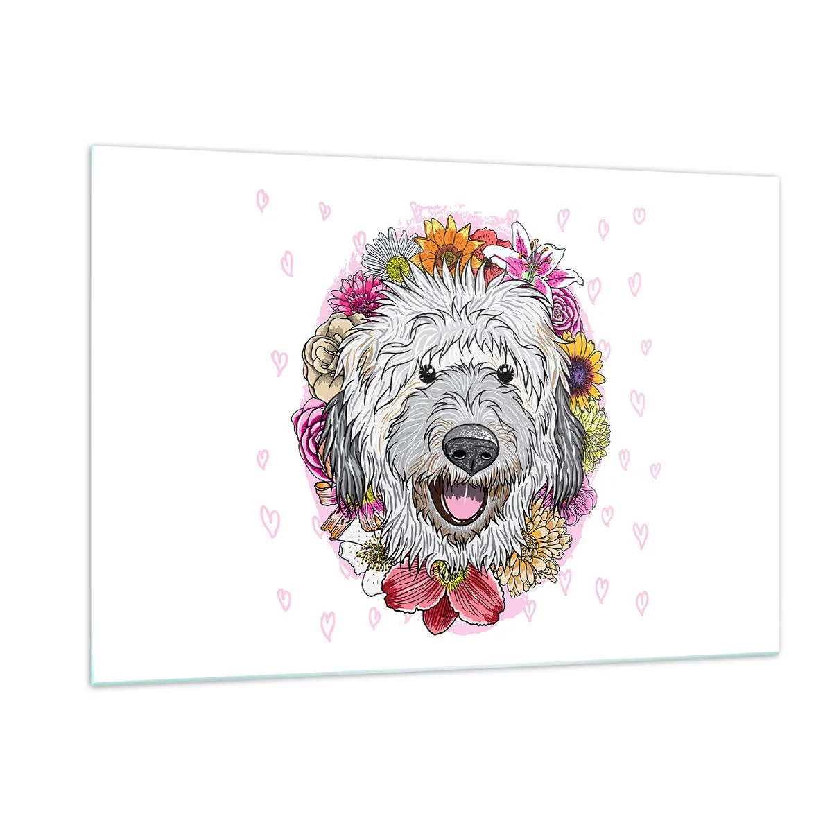Cuadro sobre vidrio - Impresiones sobre Vidrio - Ilustración de un perro rodeado de flores. - 120x80cm - Alegría de cachorro - Decoración de pared moderna para salón y dormitorio ARTTOR
