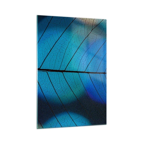 Cuadro sobre vidrio - Impresiones sobre Vidrio - Primer plano de una hoja azul con detalle de vena visible - 70x100cm - Construcción intrincada - Decoración de pared moderna para salón y dormitorio ARTTOR