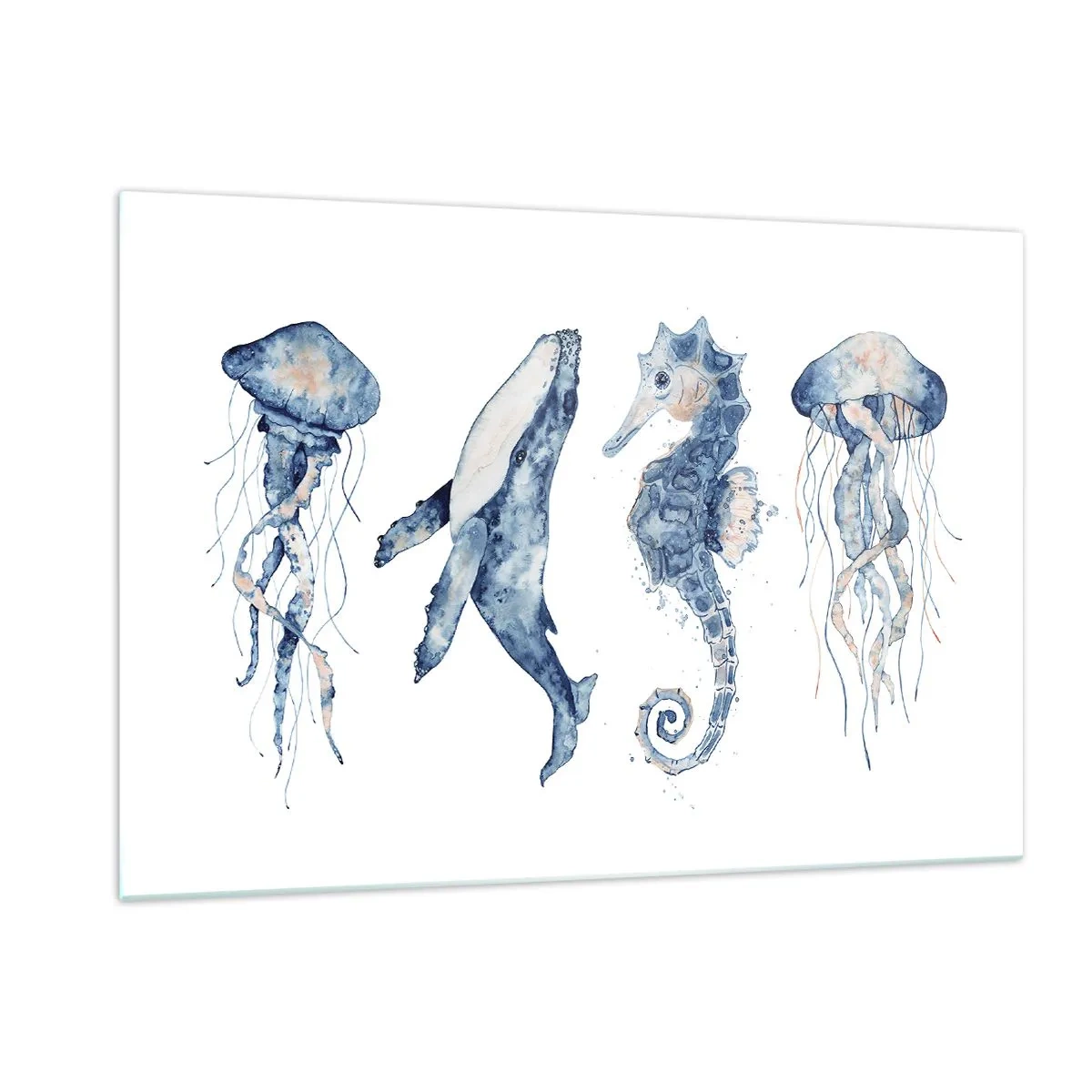 Cuadro sobre vidrio - Impresiones sobre Vidrio - Criaturas marinas en un delicado estilo de acuarela. - 120x80cm - Fauna marina - Decoración de pared moderna para salón y dormitorio ARTTOR