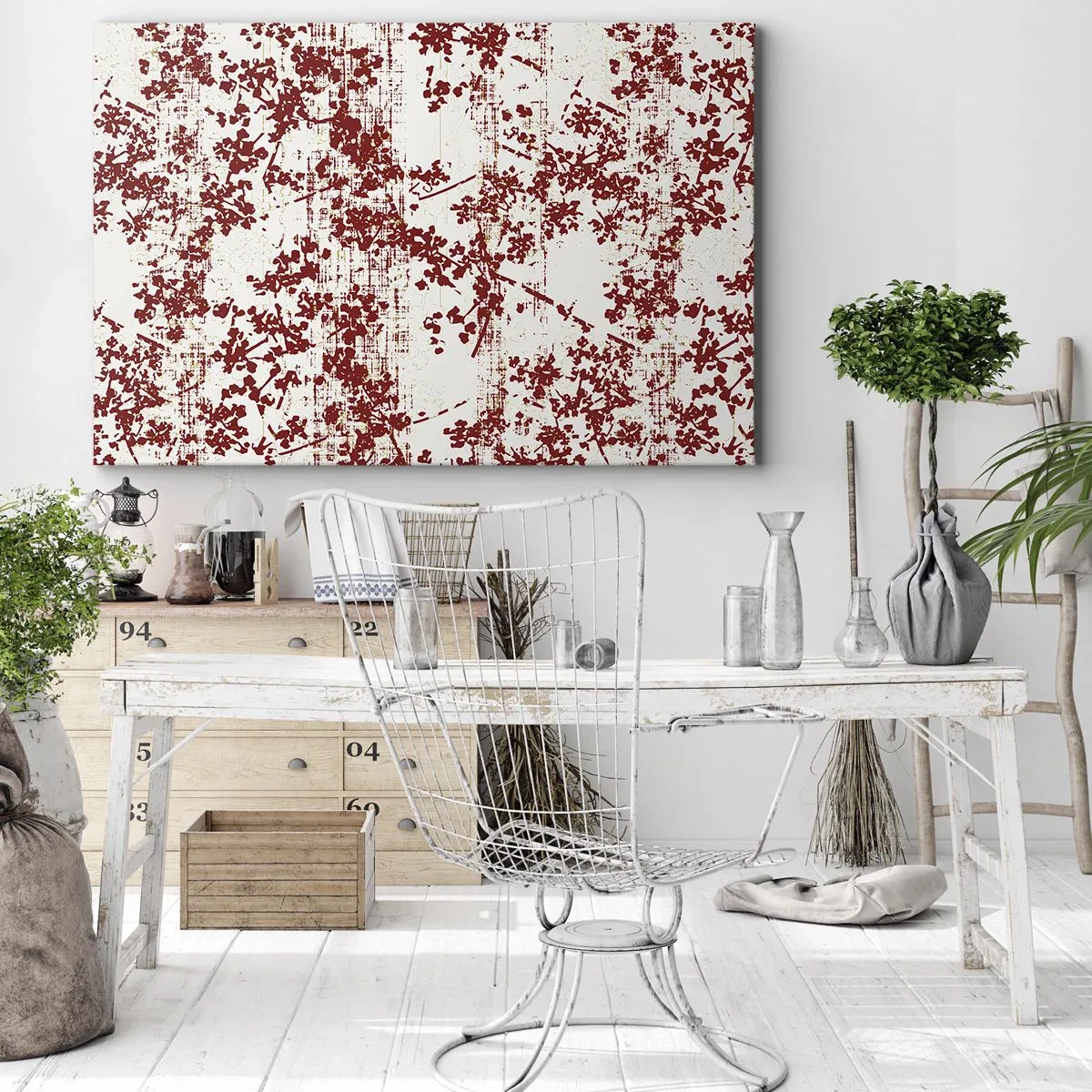 Cuadro sobre lienzo - Impresión de Imagen - Flores rojas sobre un fondo blanco en un estilo artístico. - 70x50cm - Como un viejo percal - Decoración de pared moderna para salón y dormitorio ARTTOR