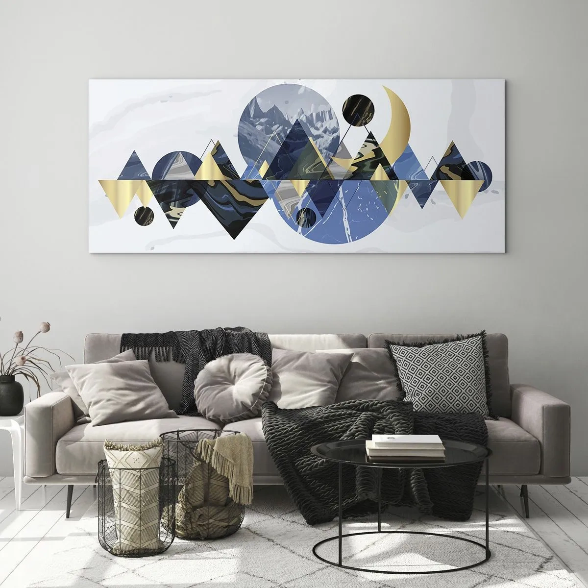Cuadro sobre vidrio - Impresiones sobre Vidrio - Patrones geométricos abstractos con motivos montañosos - 120x50cm - Paisaje geométrico - Decoración de pared moderna para salón y dormitorio ARTTOR