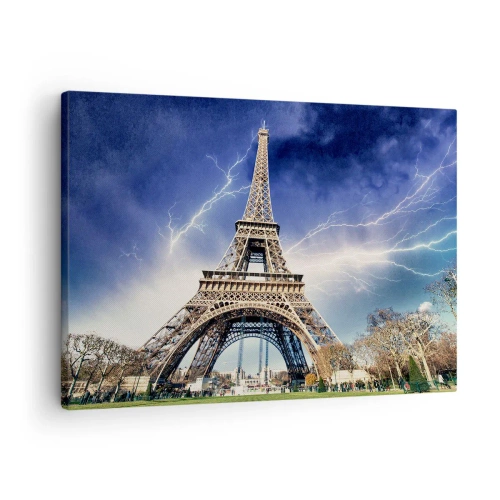 Cuadro sobre lienzo - Impresión de Imagen - La Torre Eiffel con un cielo tormentoso y relámpagos al fondo. - 70x50cm - Reina sobre las tormentas - Decoración de pared moderna para salón y dormitorio ARTTOR