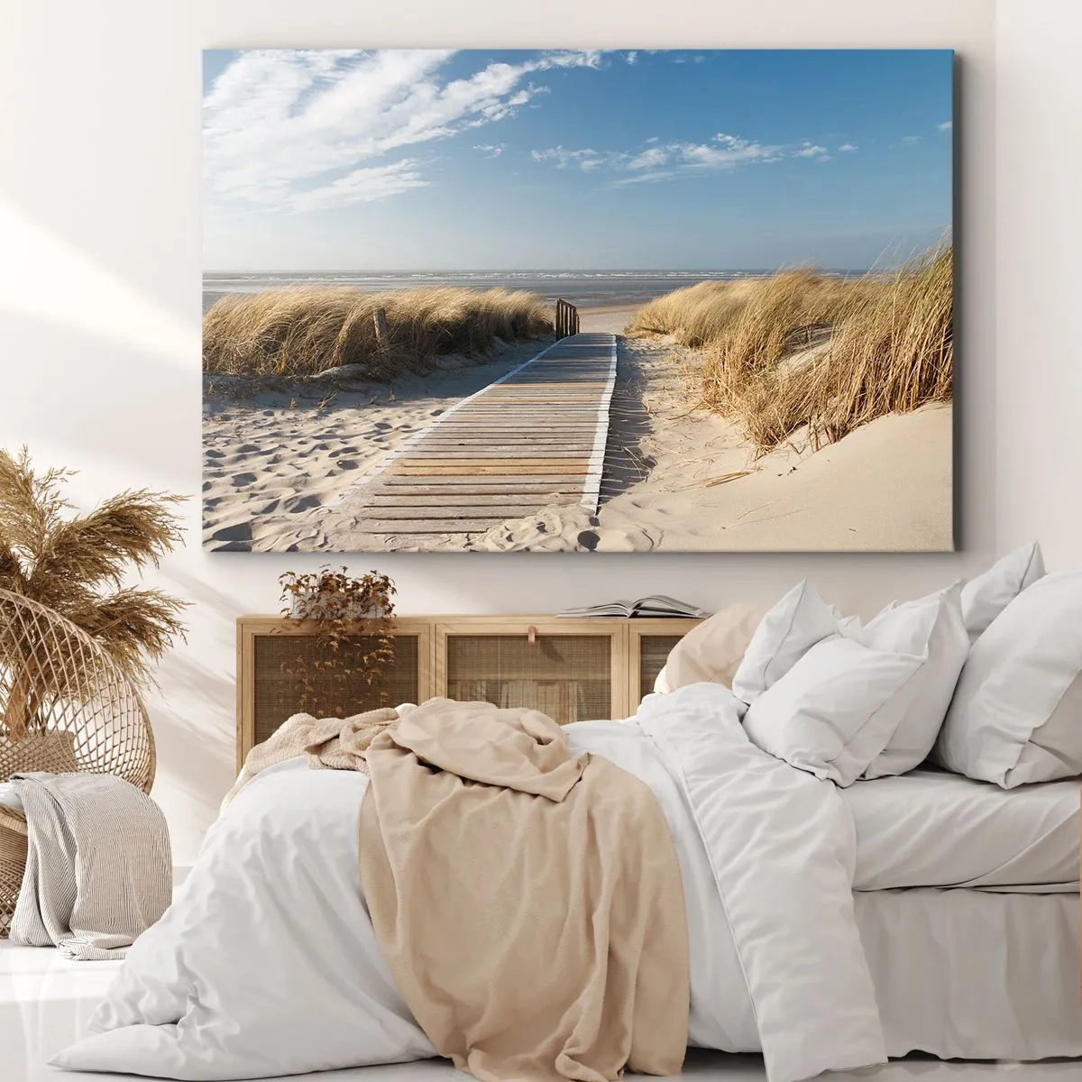 Cuadro sobre lienzo - Impresión de Imagen - Un camino de madera conduce a través de las dunas hasta el mar en calma. - 100x70cm - Más allá de la duna, en el susurro de la naturaleza - Decoración de pared moderna para salón y dormitorio ARTTOR