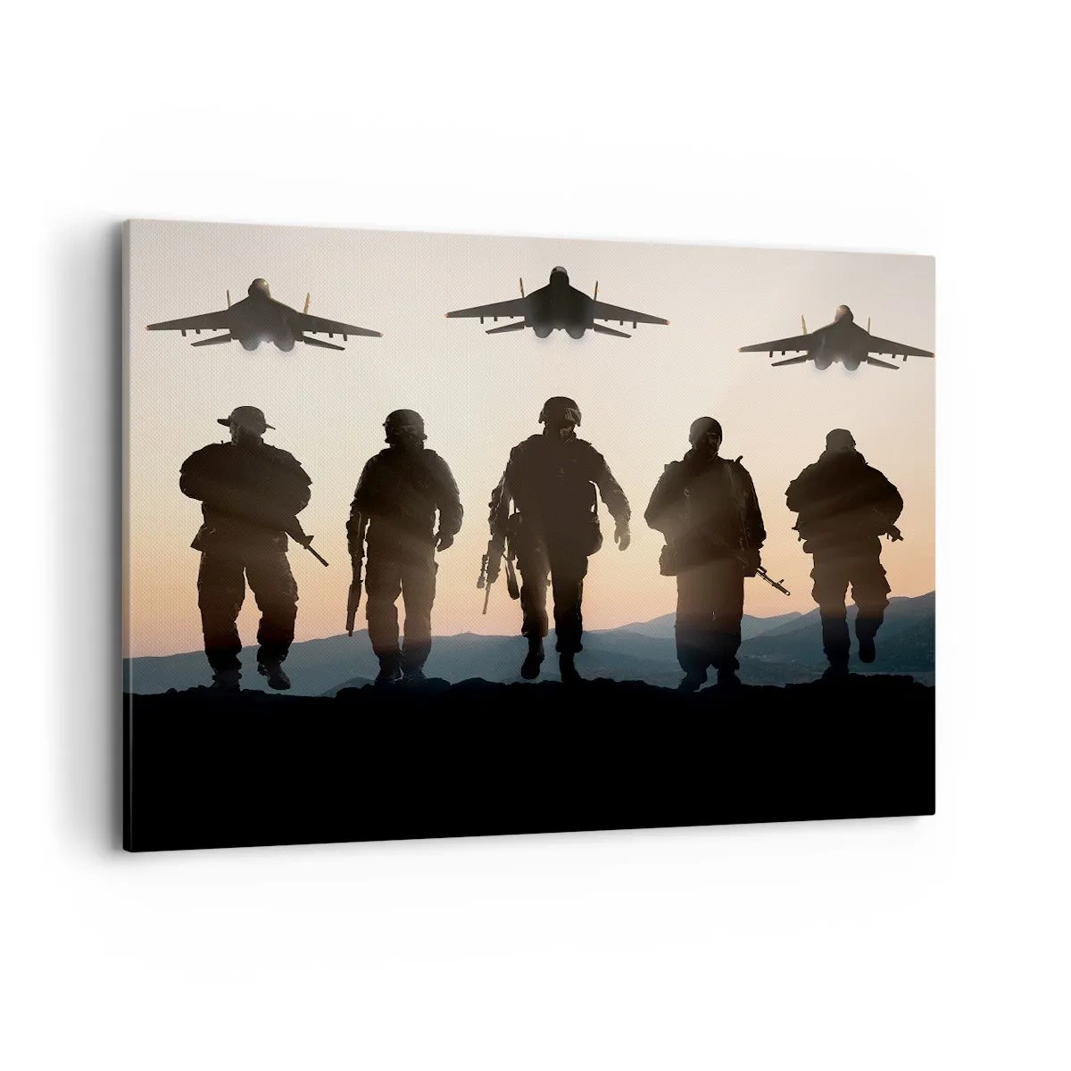 Cuadro sobre lienzo - Impresión de Imagen - Siluetas de soldados y aviones de combate contra el fondo del atardecer. - 100x70cm - Bienvenido a nuestro mundo - Decoración de pared moderna para salón y dormitorio ARTTOR