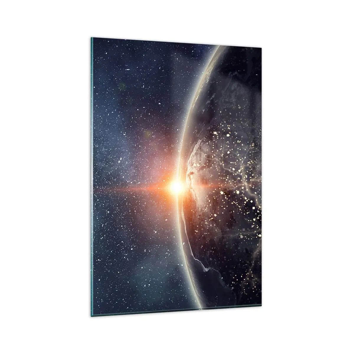 Cuadro sobre vidrio - Impresiones sobre Vidrio - La Tierra vista desde el espacio con el sol naciente - 80x120cm - En una nueva perspectiva - Decoración de pared moderna para salón y dormitorio ARTTOR
