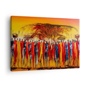 Cuadro sobre lienzo - Impresión de Imagen - Una escena colorida con figuras africanas con el sol poniente como telón de fondo. - 70x50cm - Allí, allí, allí van - Decoración de pared moderna para salón y dormitorio ARTTOR