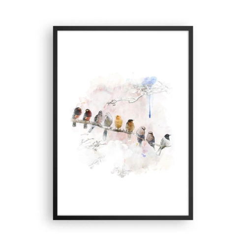 Póster en marco negro - Pájaros posados en una rama en estilo acuarela. - 50x70cm - Reunión alada - Decoración de pared moderna para salón y dormitorio ARTTOR