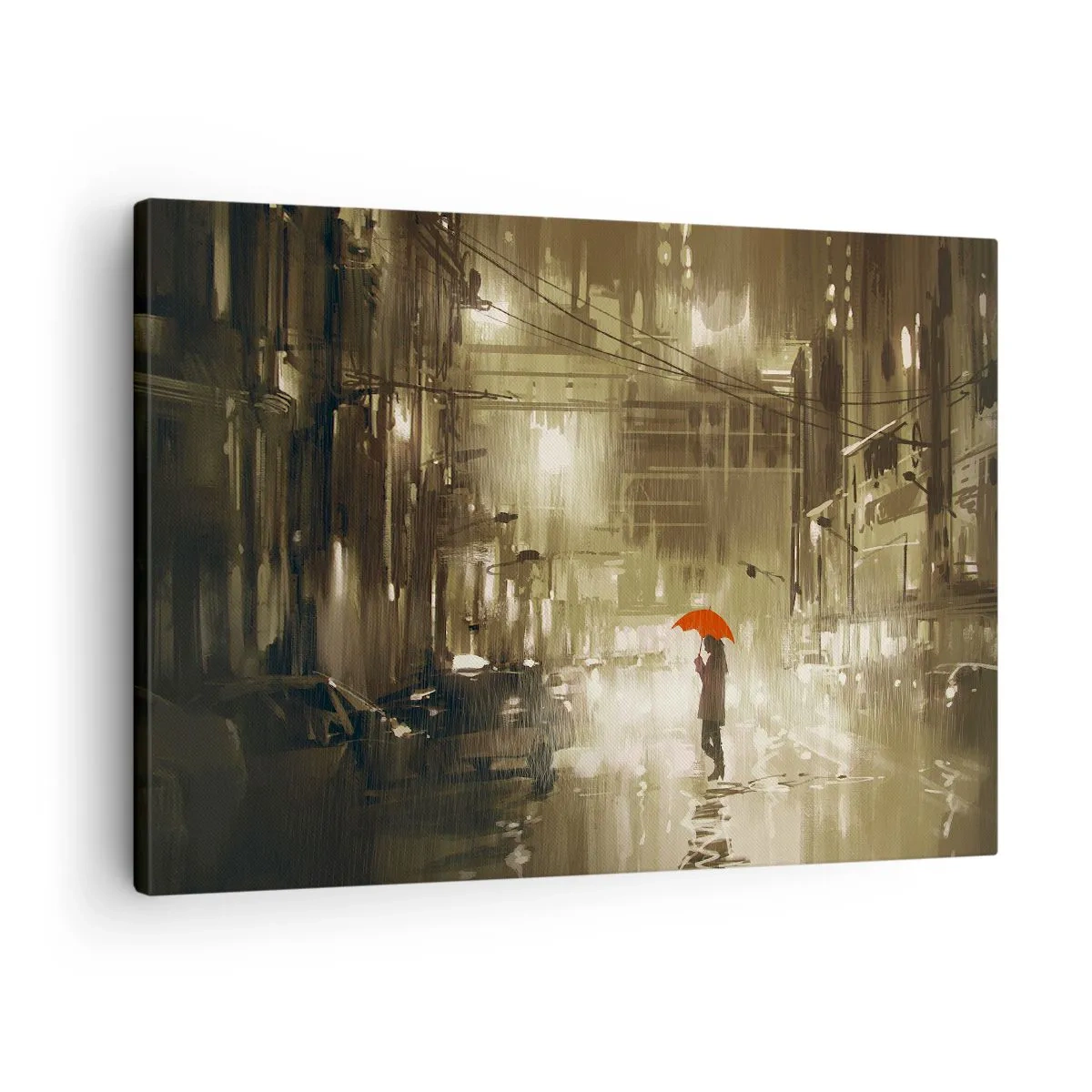 Cuadro sobre lienzo - Impresión de Imagen - Una figura con un paraguas rojo en una ciudad lluviosa. - 70x50cm - Soledad en la urbe - Decoración de pared moderna para salón y dormitorio ARTTOR