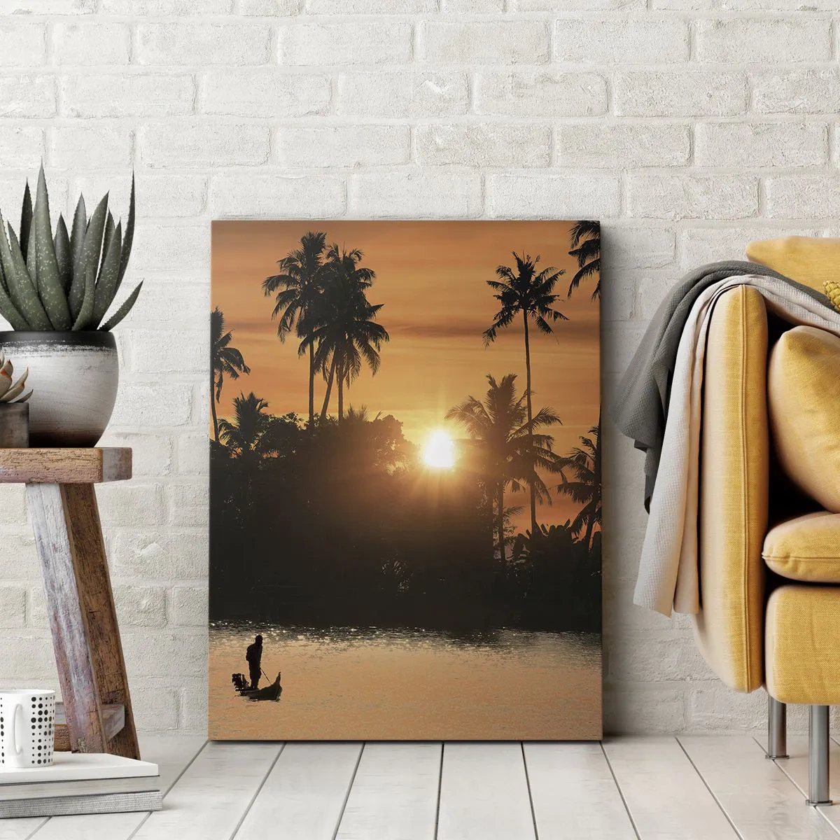 Cuadro sobre lienzo - Impresión de Imagen - Puesta de sol sobre palmeras y un lago tranquilo con un barco. - 70x100cm - Tiempo de descanso - Decoración de pared moderna para salón y dormitorio ARTTOR