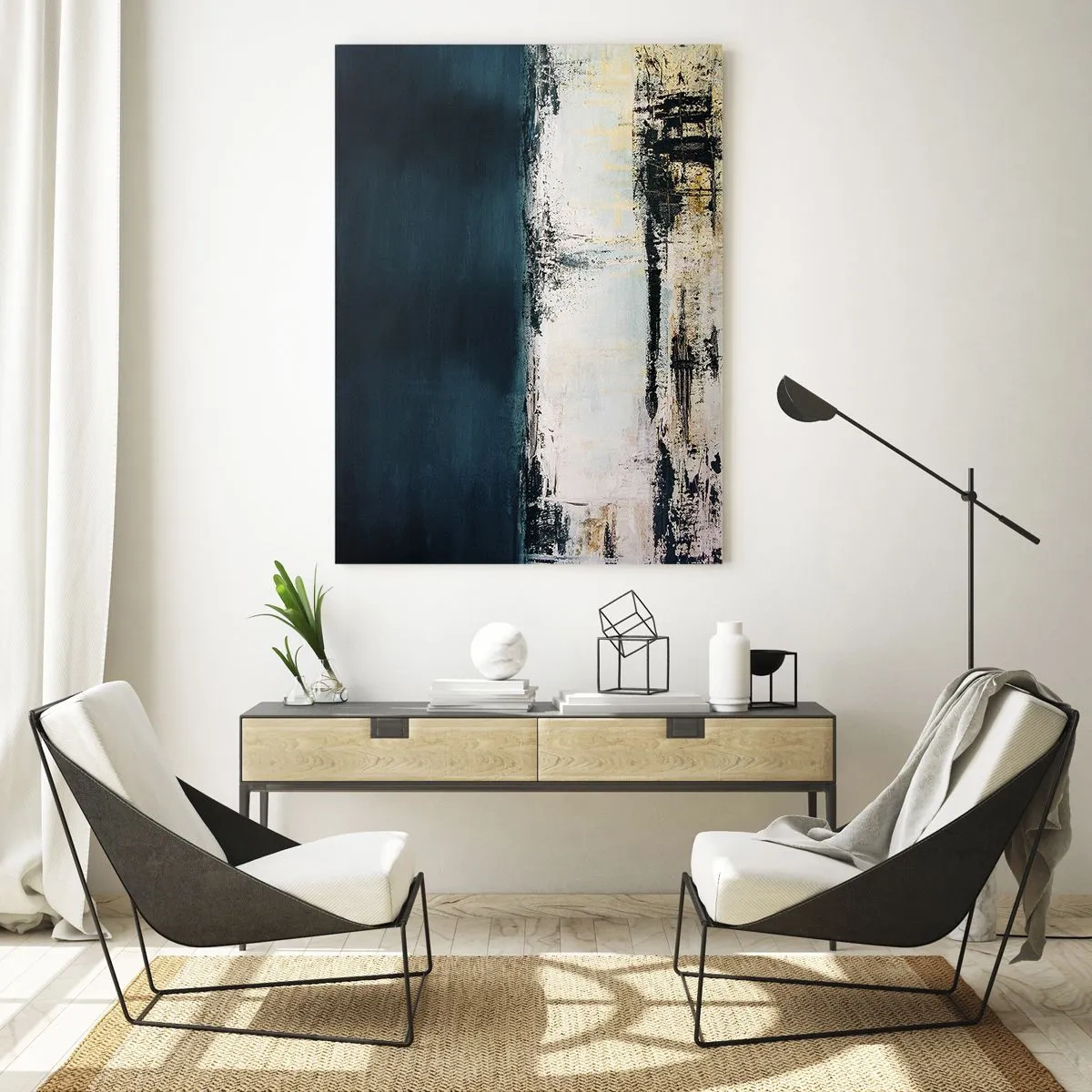 Cuadro sobre vidrio - Impresiones sobre Vidrio - Composición horizontal abstracta en tonos azul marino y blanco. - 80x120cm - Composición horizontal - Decoración de pared moderna para salón y dormitorio ARTTOR