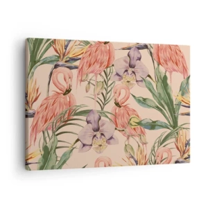 Cuadro sobre lienzo - Impresión de Imagen - Flamencos y flores tropicales sobre un fondo claro. - 70x50cm - Un ballet rosa en flores - Decoración de pared moderna para salón y dormitorio ARTTOR