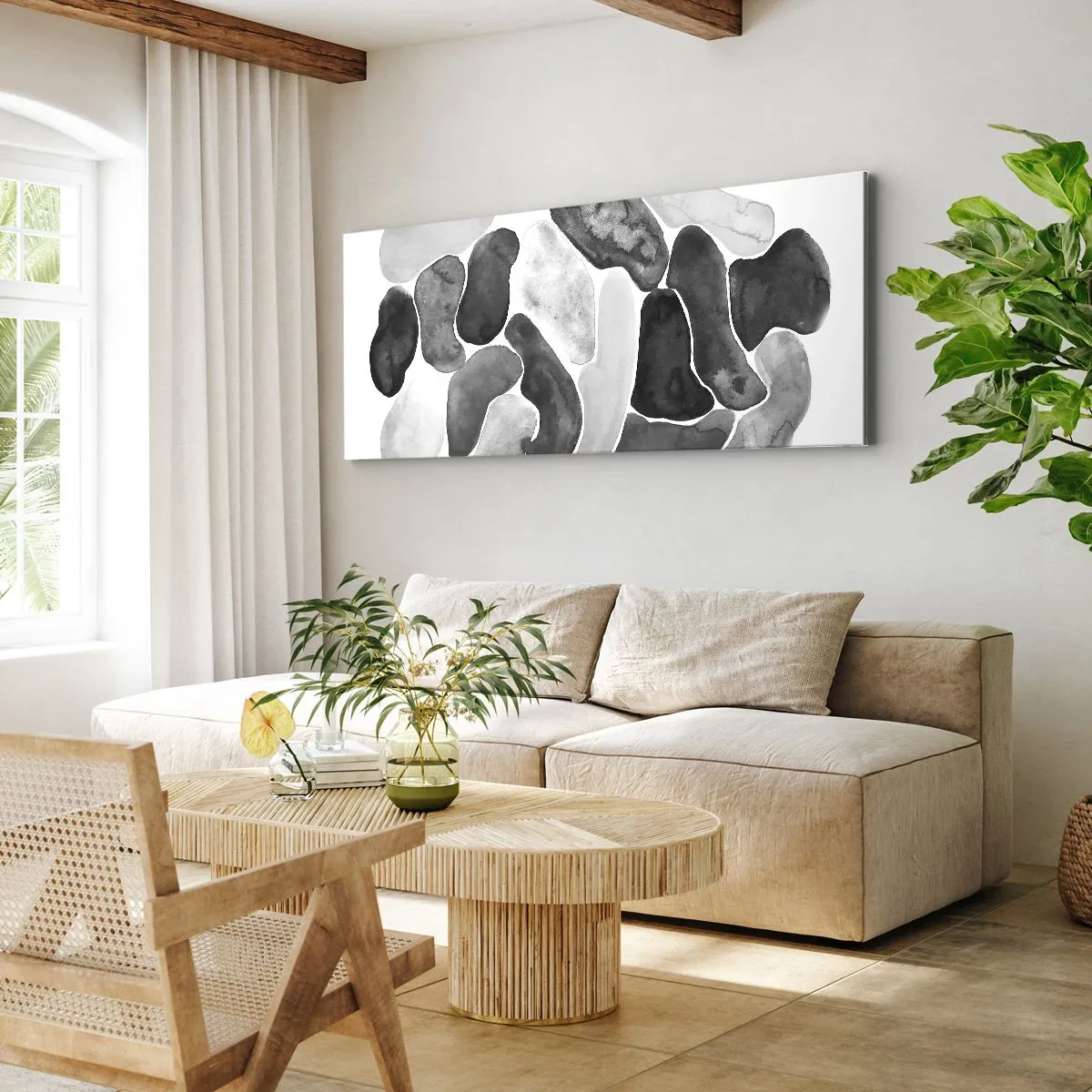 Cuadro sobre lienzo - Impresión de Imagen - Abstracción en blanco y negro con manchas irregulares sobre un fondo blanco. - 120x50cm - Abstracción pétrea - Decoración de pared moderna para salón y dormitorio ARTTOR