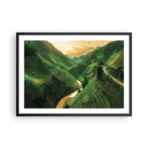 Póster en marco negro - Pintorescas terrazas de arroz en un valle verde iluminado por el sol poniente - 70x50cm - Valle vietnamita - Decoración de pared moderna para salón y dormitorio ARTTOR