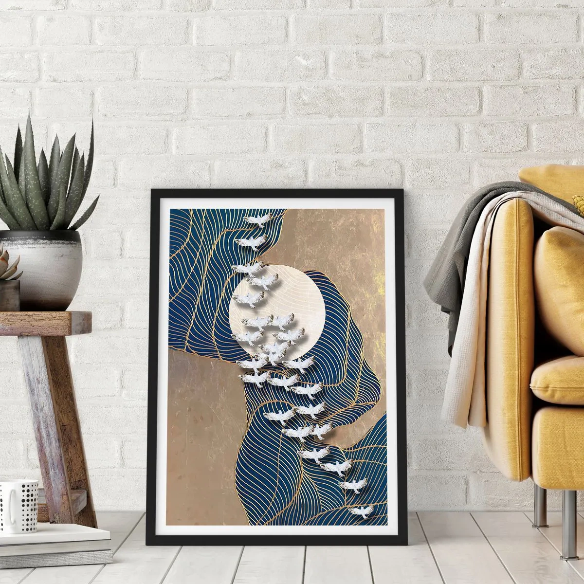 Póster en marco negro - Composición abstracta con pájaros y la luna en tonos dorados. - 50x70cm - Libertad en bandada comunidad - Decoración de pared moderna para salón y dormitorio ARTTOR