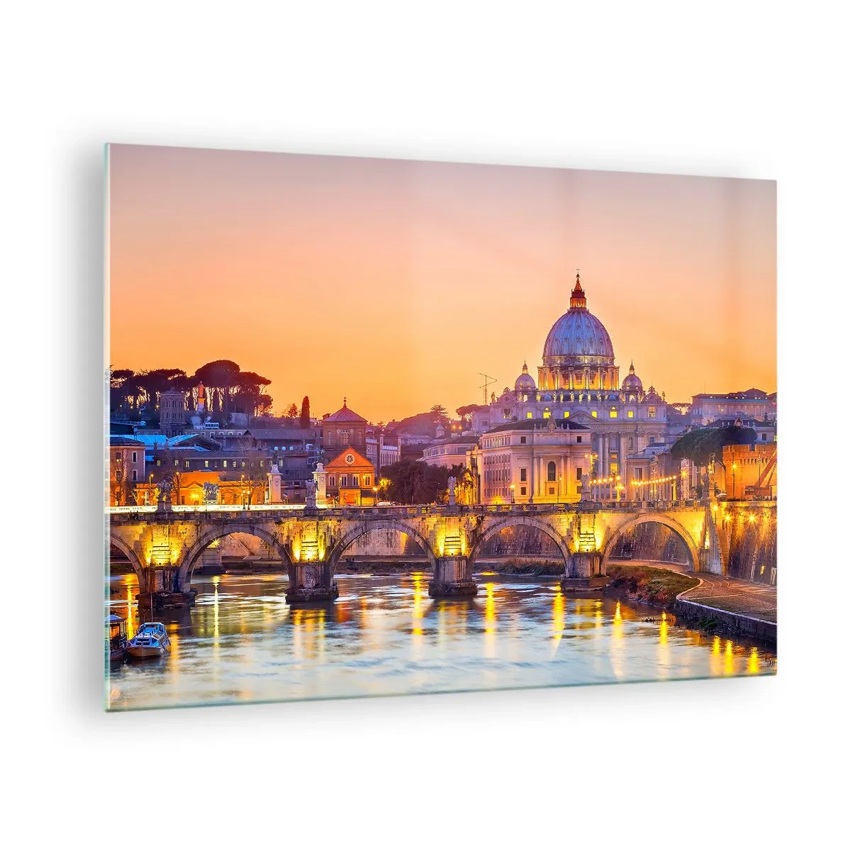 Cuadro sobre vidrio - Impresiones sobre Vidrio - Puente y Basílica en Roma al atardecer - 70x50cm - Crepúsculo sobre la Ciudad Eterna - Decoración de pared moderna para salón y dormitorio ARTTOR