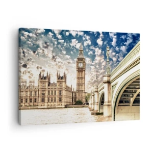 Cuadro sobre lienzo - Impresión de Imagen - El Big Ben y el puente de Westminster iluminados por el sol en Londres - 70x50cm - Nubes sobre el Támesis - Decoración de pared moderna para salón y dormitorio ARTTOR