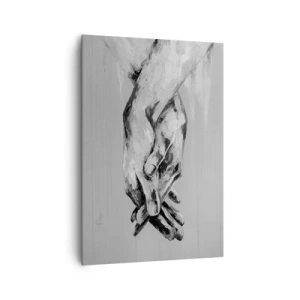Cuadro sobre lienzo - Impresión de Imagen - Una composición en blanco y negro de dos manos entrelazadas sobre un fondo claro. - 70x100cm - El comienzo... - Decoración de pared moderna para salón y dormitorio ARTTOR