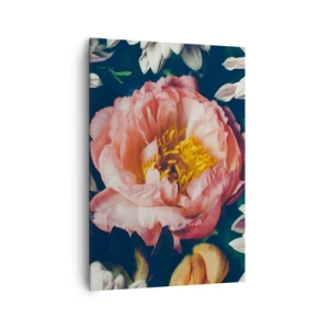 Cuadro sobre lienzo - Impresión de Imagen - Arreglo floral con peonías y crisantemos sobre fondo oscuro. - 70x100cm - Con esplendor barroco - Decoración de pared moderna para salón y dormitorio ARTTOR