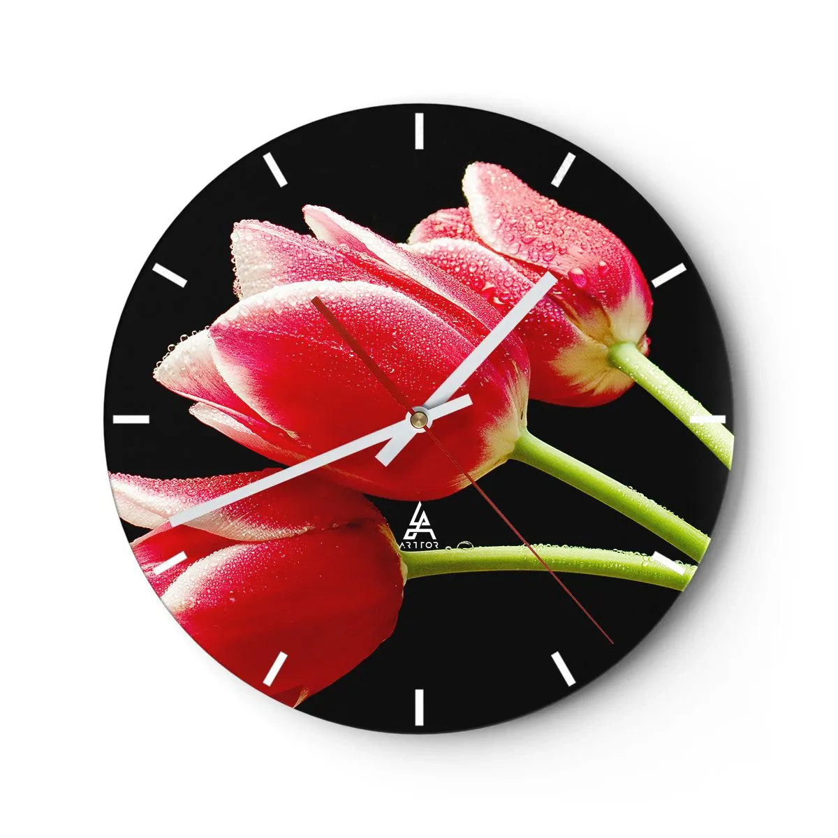 Reloj de pared - Reloj de vidrio - Tulipanes rojos con gotas de agua sobre un fondo negro - 30x30cm - Promesa de amor puro - Decoración de pared moderna para salón, cocina y dormitorio ARTTOR