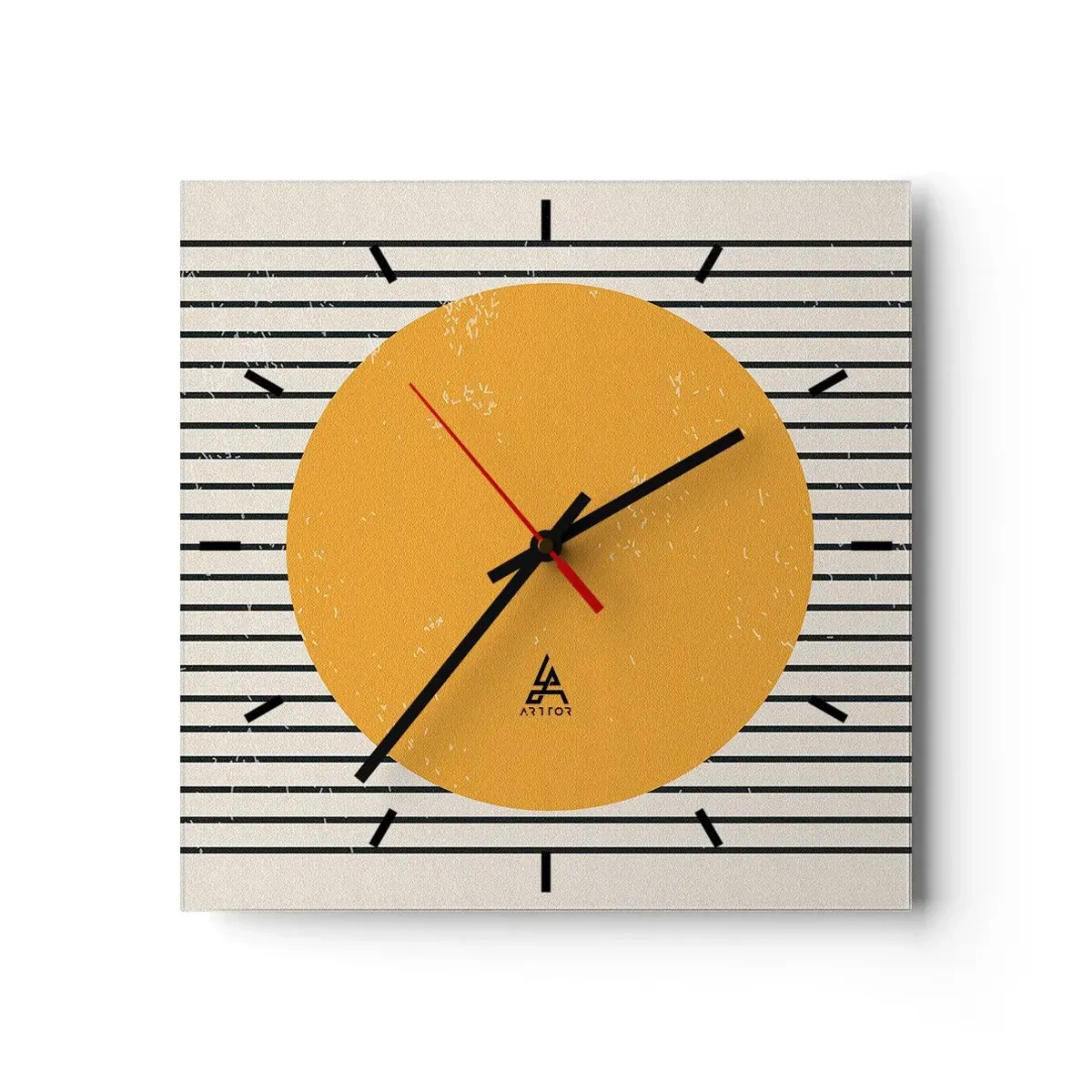 Reloj de pared - Reloj de vidrio - Un círculo amarillo sobre un fondo de líneas horizontales blancas y negras. - 30x30cm - El poder de la sencillez - Decoración de pared moderna para salón y dormitorio ARTTOR