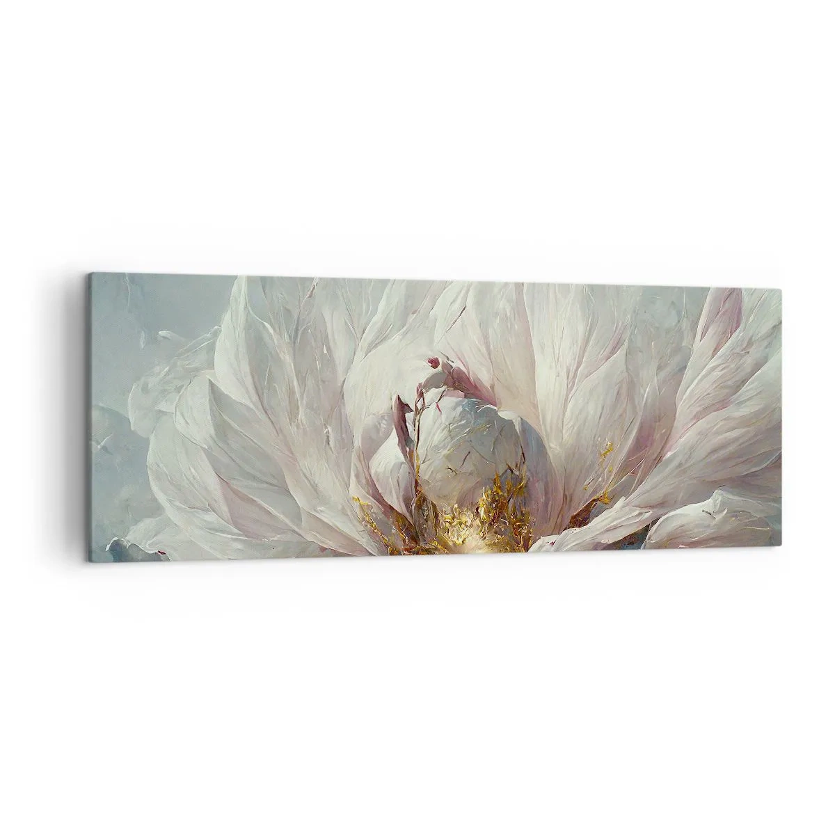 Cuadro sobre lienzo - Impresión de Imagen - Una delicada flor blanca con sutiles acentos dorados. - 140x50cm - Florece una vez cada cien años - Decoración de pared moderna para salón y dormitorio ARTTOR