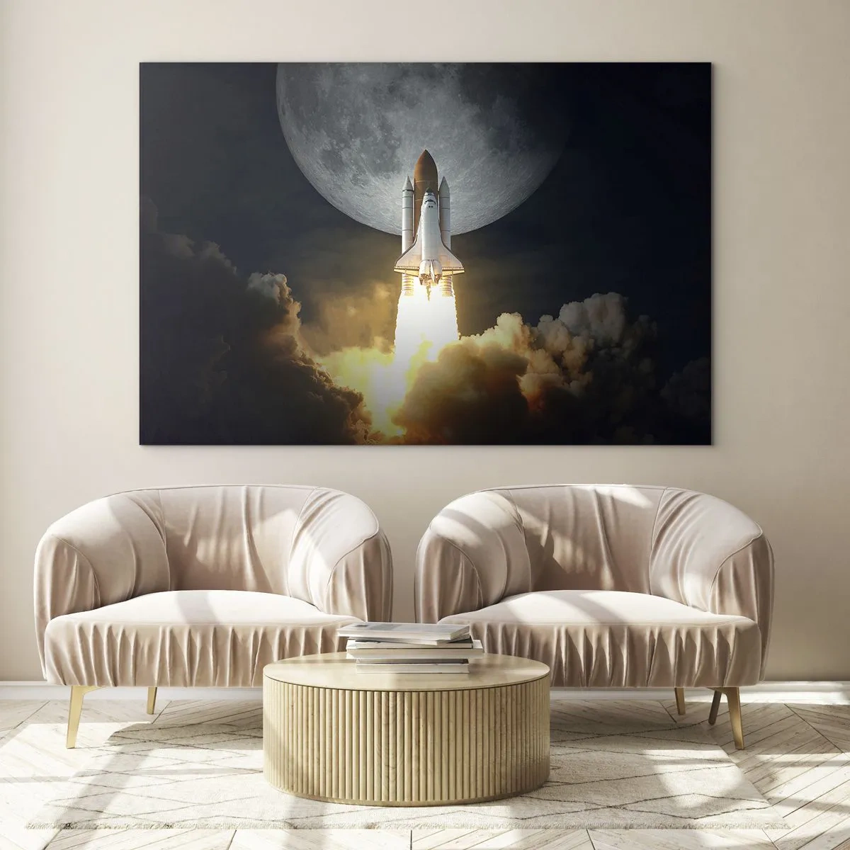 Cuadro sobre vidrio - Impresiones sobre Vidrio - Un lanzamiento de un cohete espacial con la luna y el cielo nocturno como telón de fondo. - 100x70cm - El comienzo de una aventura sobrenatural - Decoración de pared moderna para salón y dormitorio ARTTOR