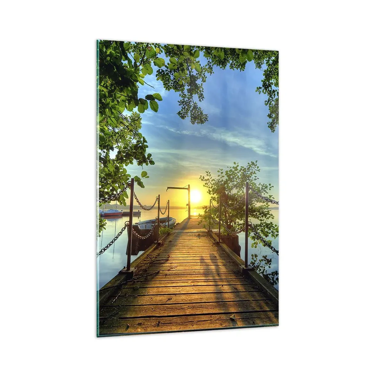 Cuadro sobre vidrio - Impresiones sobre Vidrio - Un muelle sobre el lago bajo los rayos del atardecer. - 80x120cm - Atardecer junto al agua - Decoración de pared moderna para salón y dormitorio ARTTOR