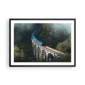 Póster en marco negro - Un tren azul en un viaducto histórico entre los bosques. - 70x50cm - Vías sobre la naturaleza - Decoración de pared moderna para salón y dormitorio ARTTOR