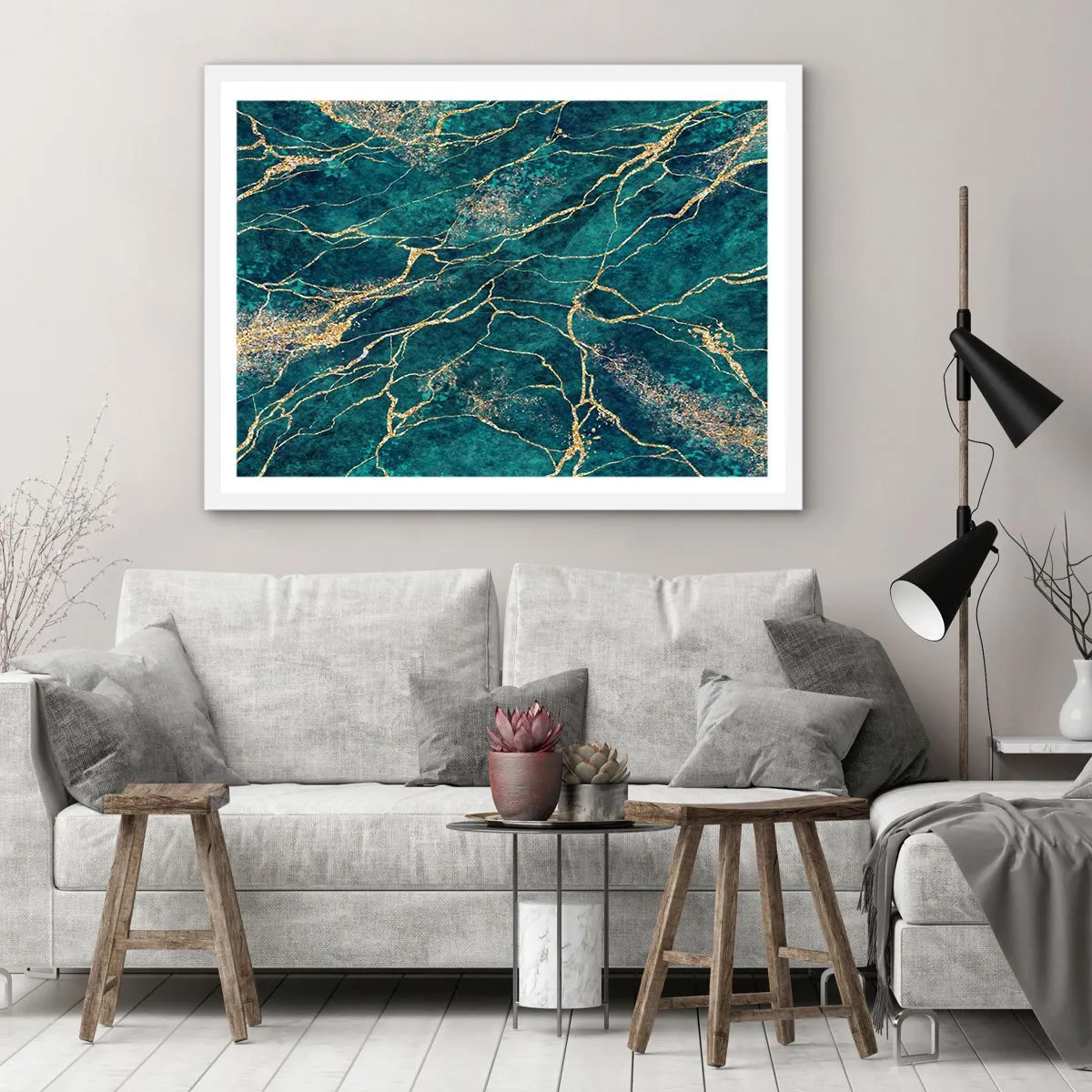 Póster en marco blanco - Riachuelos de oro - 100x70 cm