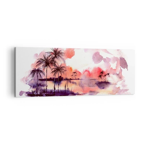 Cuadro sobre lienzo - Impresión de Imagen - Paisaje tropical con palmeras al atardecer en acuarela. - 140x50cm - La calma de los trópicos en rojo - Decoración de pared moderna para salón y dormitorio ARTTOR