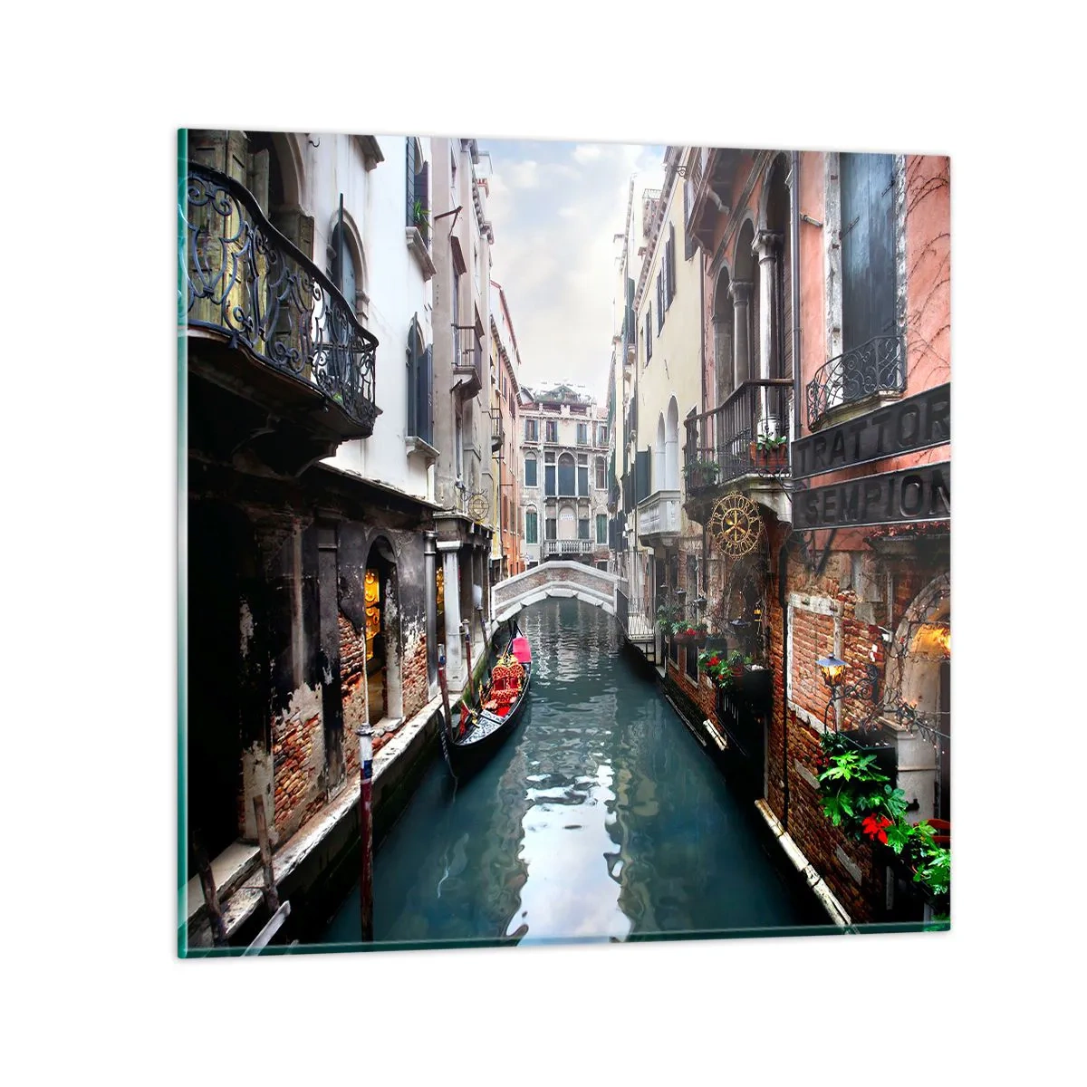 Cuadro sobre vidrio - Impresiones sobre Vidrio - Paisaje veneciano con góndola y puente - 70x70 cm