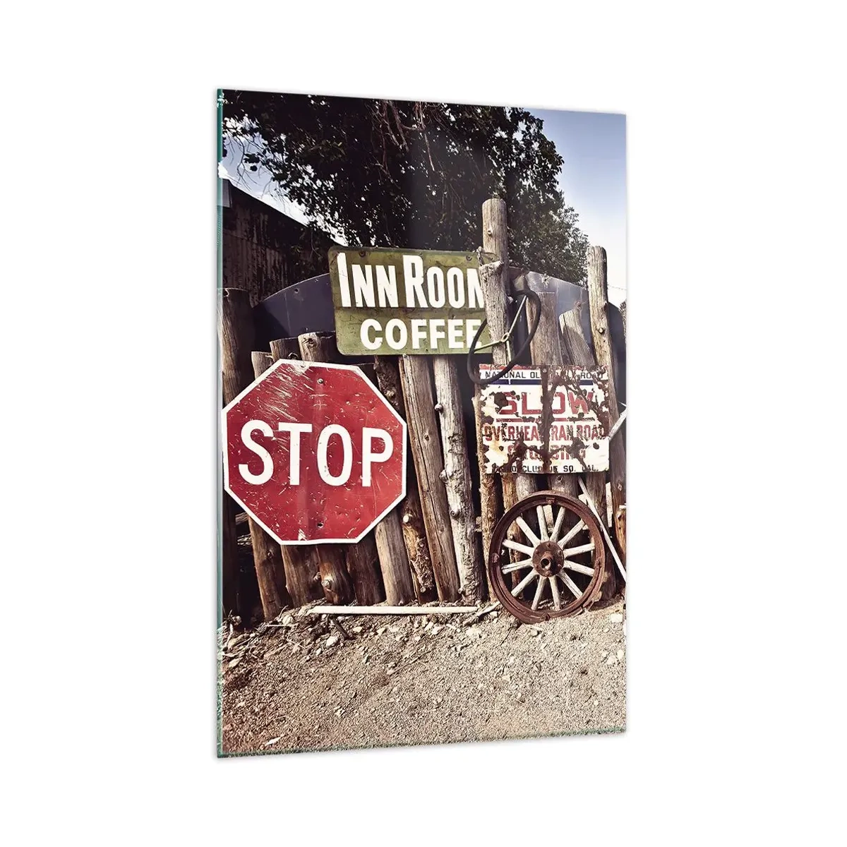 Cuadro sobre vidrio - Impresiones sobre Vidrio - Decoraciones rústicas con letreros y una rueda en la valla. - 80x120cm - Y el tiempo se detuvo - Decoración de pared moderna para salón y dormitorio ARTTOR