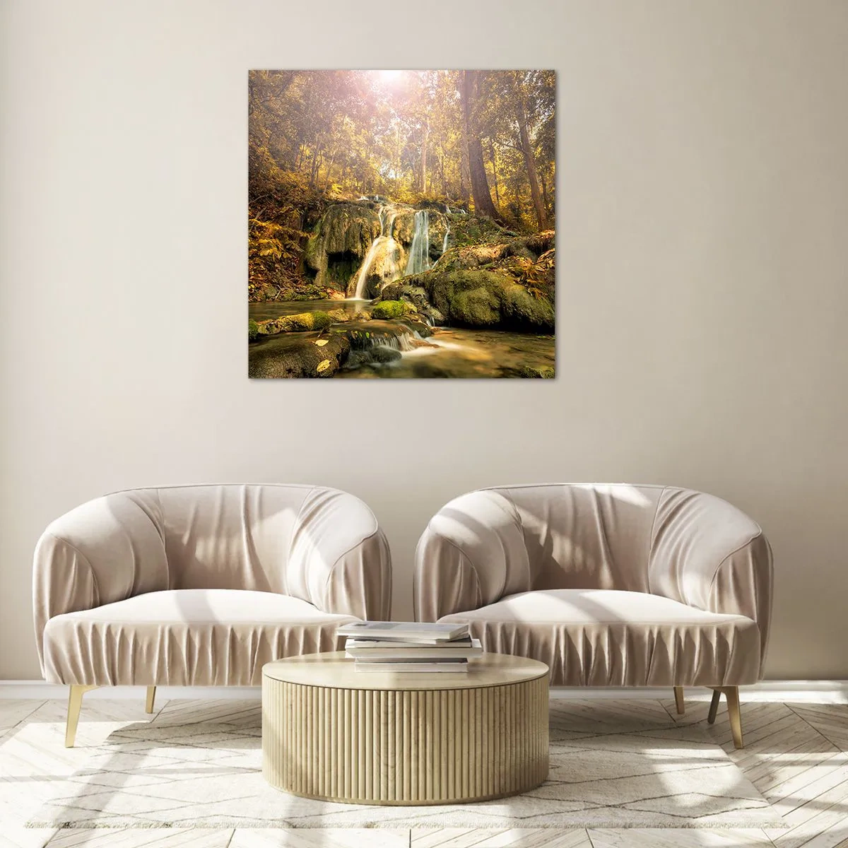 Cuadro sobre vidrio - Impresiones sobre Vidrio - Cascada forestal en verde - 70x70 cm