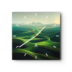 Reloj de pared - Reloj de vidrio - Colinas verdes con senderos ondulados - 30x30cm - Valles en tonos verdes - Decoración de pared moderna para salón y dormitorio ARTTOR