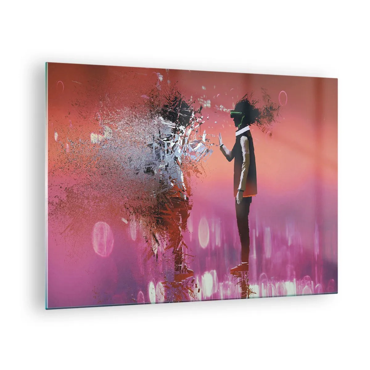 Cuadro sobre vidrio - Impresiones sobre Vidrio - Un personaje en realidad virtual con una sombra dispersa. - 70x50cm - ¿Es posible mirar dentro de uno mismo? - Decoración de pared moderna para salón y dormitorio ARTTOR