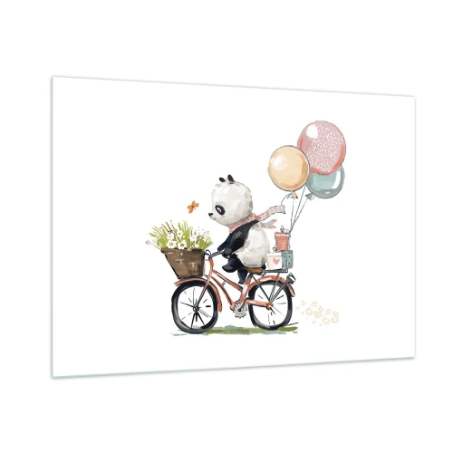 Cuadro sobre vidrio - Impresiones sobre Vidrio - Un panda montando en bicicleta con globos y una canasta de flores. - 100x70cm - Un día feliz - Decoración de pared moderna para salón y dormitorio ARTTOR