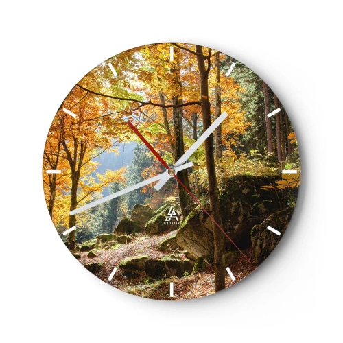 Reloj de pared - Reloj de vidrio - Bosque otoñal con rayos de sol - 30x30cm - Tiempo de descanso - Decoración de pared moderna para salón, cocina y dormitorio ARTTOR