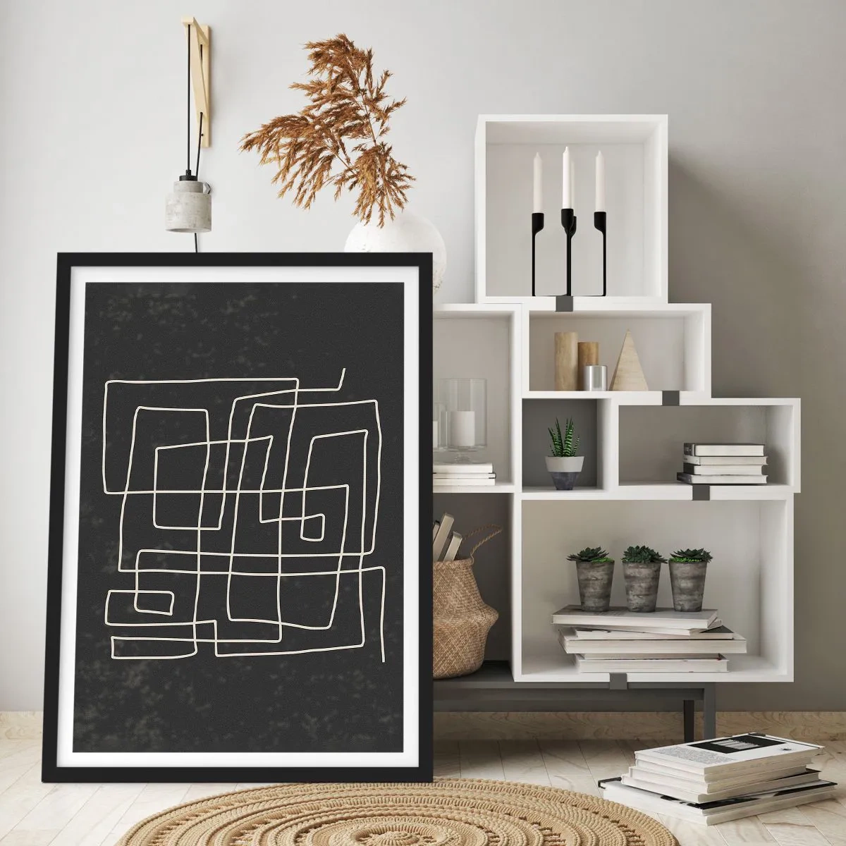 Póster en marco negro - Abstracción geométrica sobre fondo negro - 50x70cm - No es tan sencillo - Decoración de pared moderna para salón y dormitorio ARTTOR