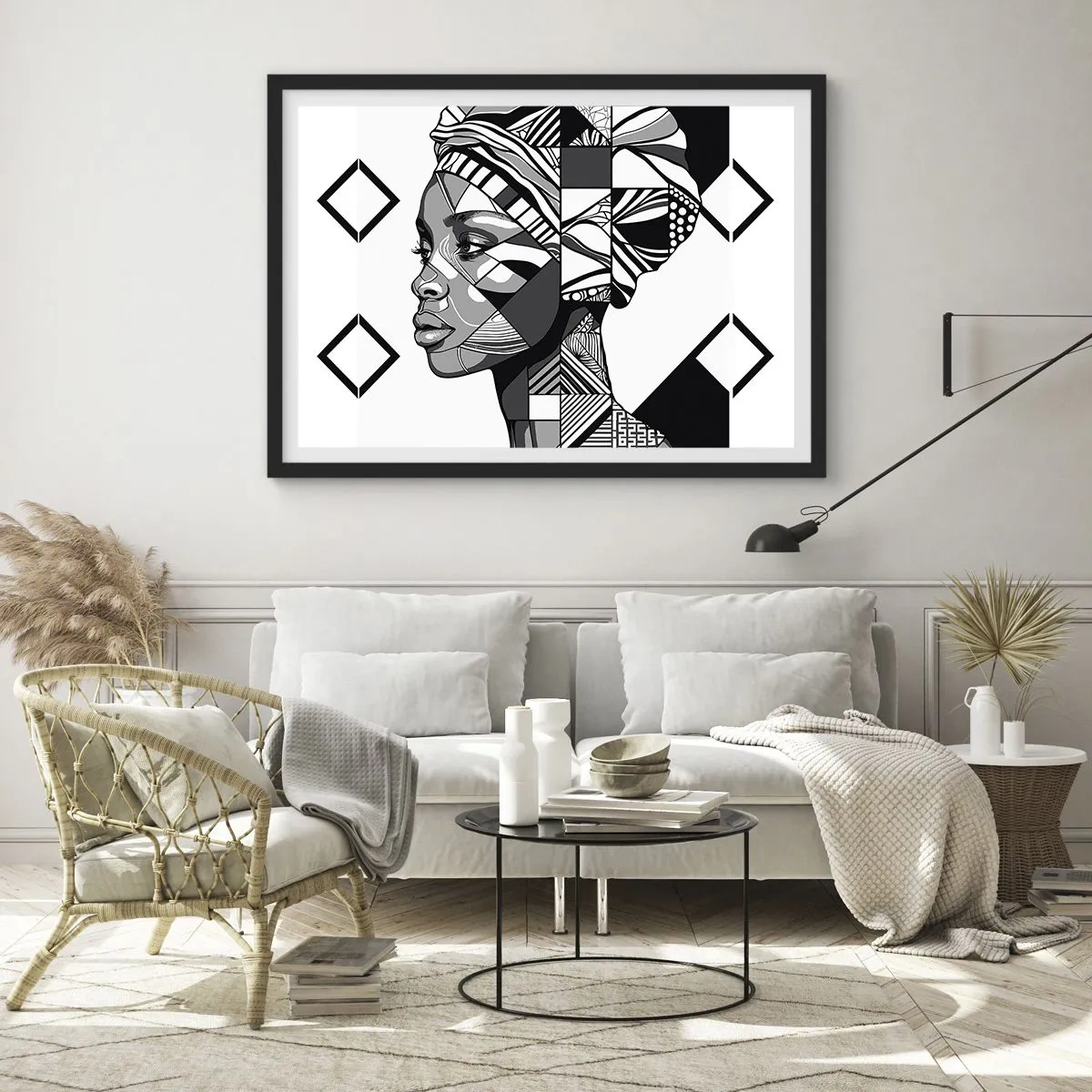 Póster en marco negro - Retrato en blanco y negro de una mujer en estilo étnico. - 100x70cm - Retrato étnico - Decoración de pared moderna para salón y dormitorio ARTTOR