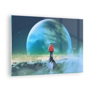 Cuadro sobre vidrio - Impresiones sobre Vidrio - Una figura con una chaqueta roja con un enorme planeta y estrellas como telón de fondo. - 70x50cm - Descubridor de una nueva Tierra - Decoración de pared moderna para salón y dormitorio ARTTOR
