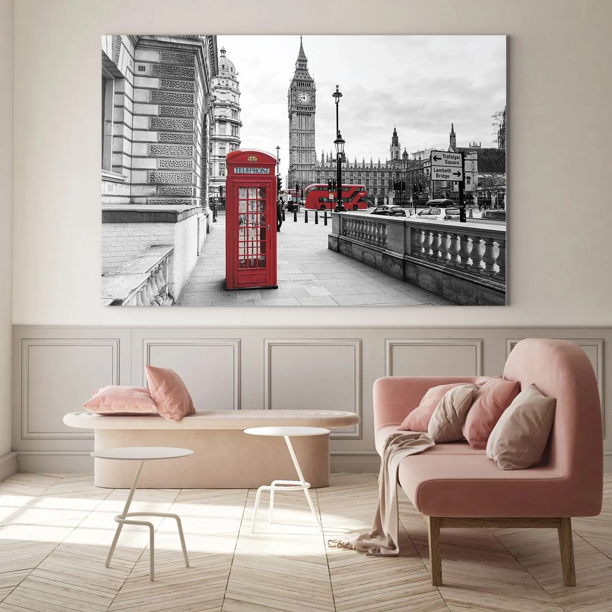 Cuadro sobre vidrio - Impresiones sobre Vidrio - Londres en blanco y negro con una cabina telefónica roja y un autobús - 120x80cm - Sin duda, Londres - Decoración de pared moderna para salón y dormitorio ARTTOR