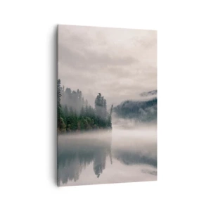 Cuadro sobre lienzo - Impresión de Imagen - Un bosque brumoso reflejado en un lago tranquilo. - 70x100cm - En el ensueño, en la niebla - Decoración de pared moderna para salón y dormitorio ARTTOR