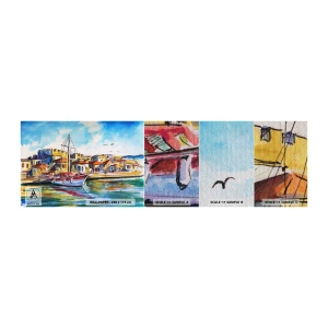 Muestra de fotomural Premium Sand - Tarde de arco iris - Puerto, Yate, Playa - 100x30 cm