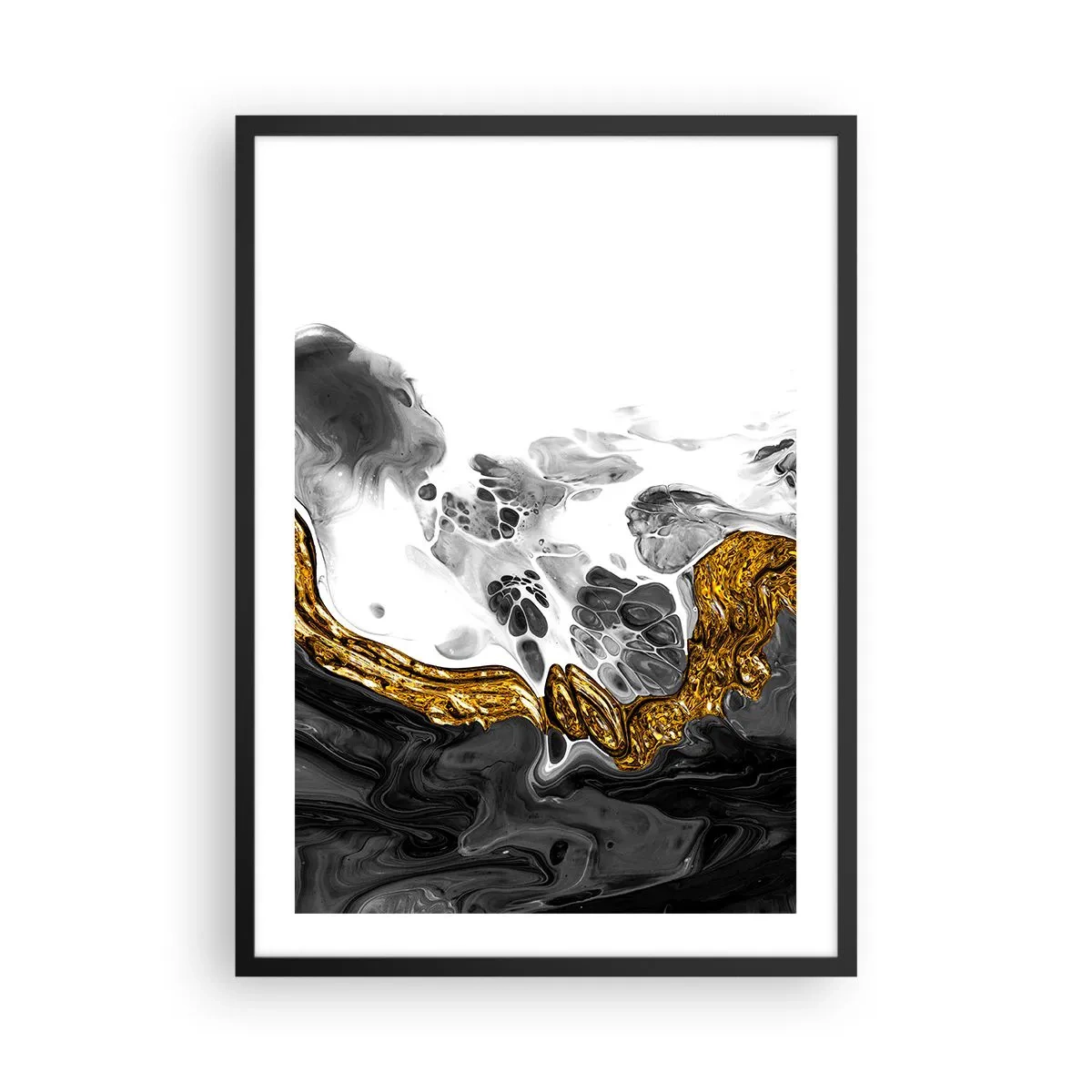 Póster en marco negro - Composición abstracta de negro, blanco y dorado. - 50x70cm - Composición orgánica - Decoración de pared moderna para salón y dormitorio ARTTOR