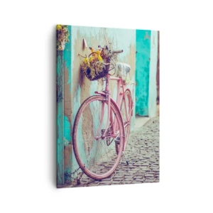 Cuadro sobre lienzo - Impresión de Imagen - Una bicicleta rosa junto a una puerta turquesa. - 50x70cm - Ahora mismo vuelvo - Decoración de pared moderna para salón y dormitorio ARTTOR